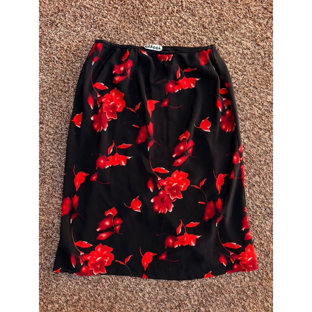 Y2K Effeci Vintage Red Floral Black Midi Skirt Large Made in USA 90s Style #5